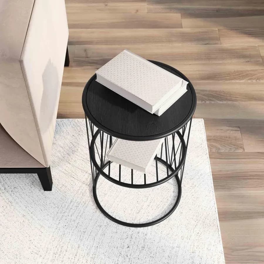 Tavolino rotondo 35 cm top in legno e struttura in acciao nero con ripiano - Lou