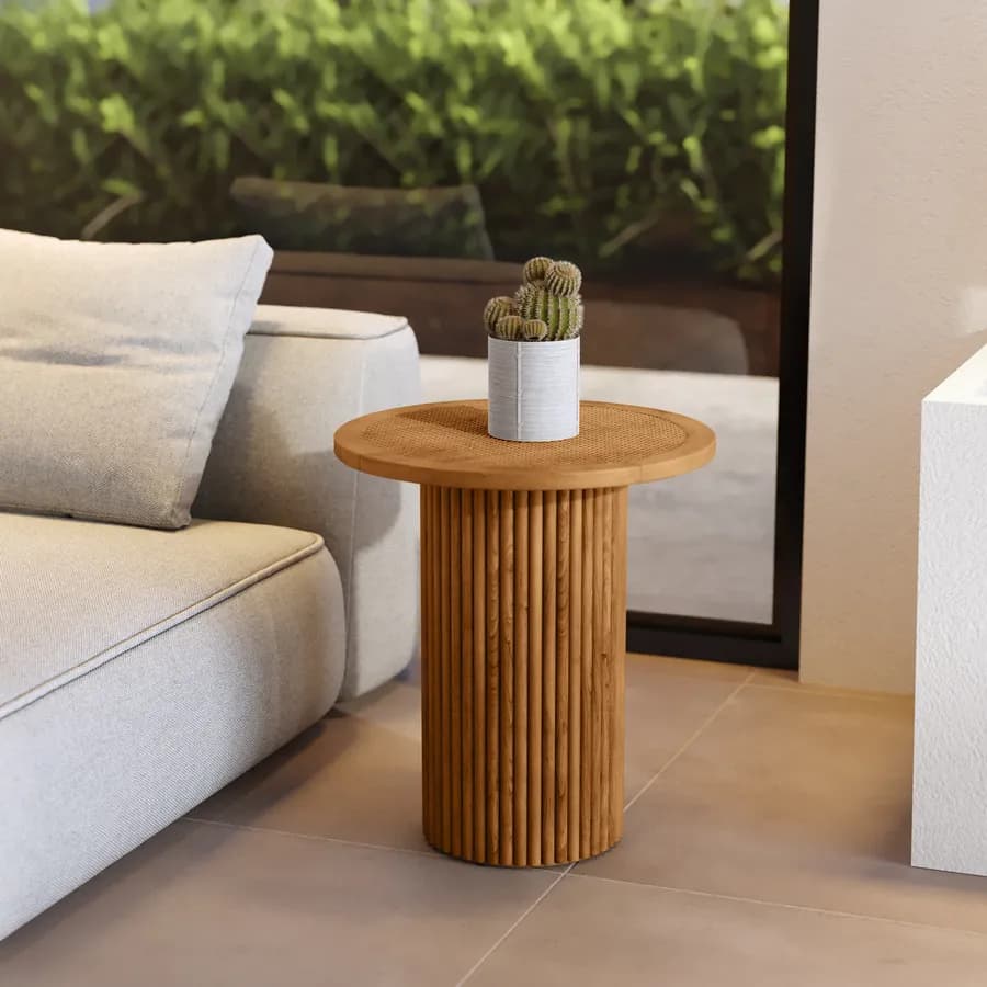 Tavolino rotondo 40 cm con top in rattan e base in legno naturale cannettato - Khalid