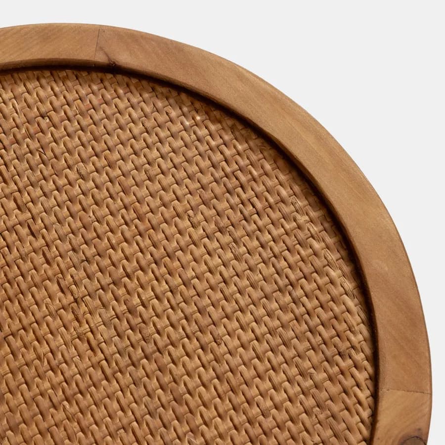 Tavolino rotondo 40 cm con top in rattan e base in legno naturale cannettato - Khalid