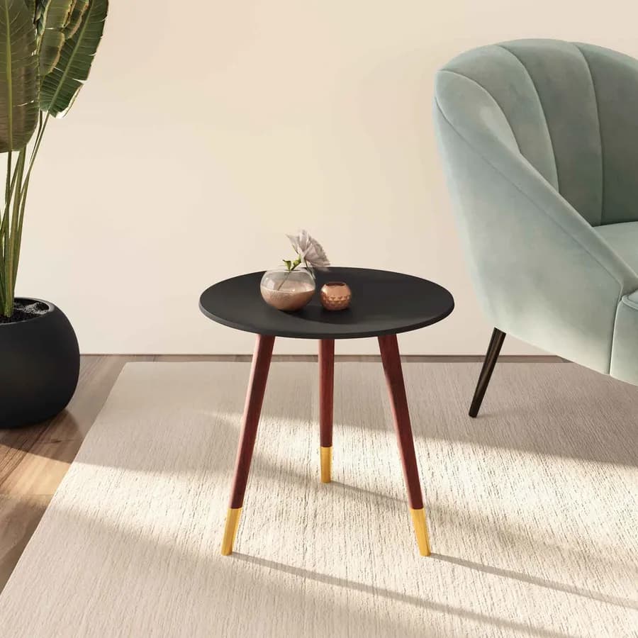 Tavolino rotondo 40 cm in legno di pino marrone e dettaglio oro - Eddie