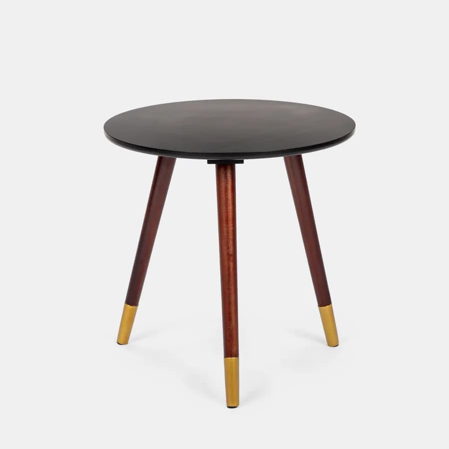Tavolino rotondo 40 cm in legno di pino marrone e dettaglio oro - Eddie