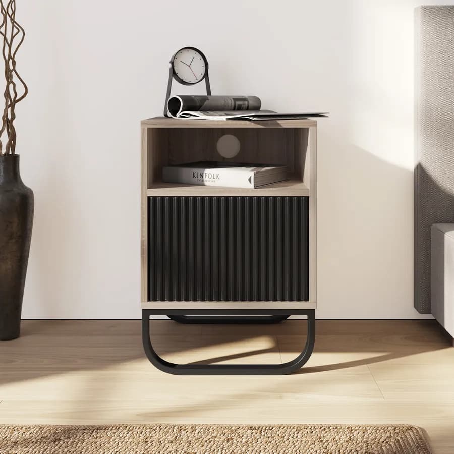 Comodino 40 cm in legno cannettato rovere e nero - Sven