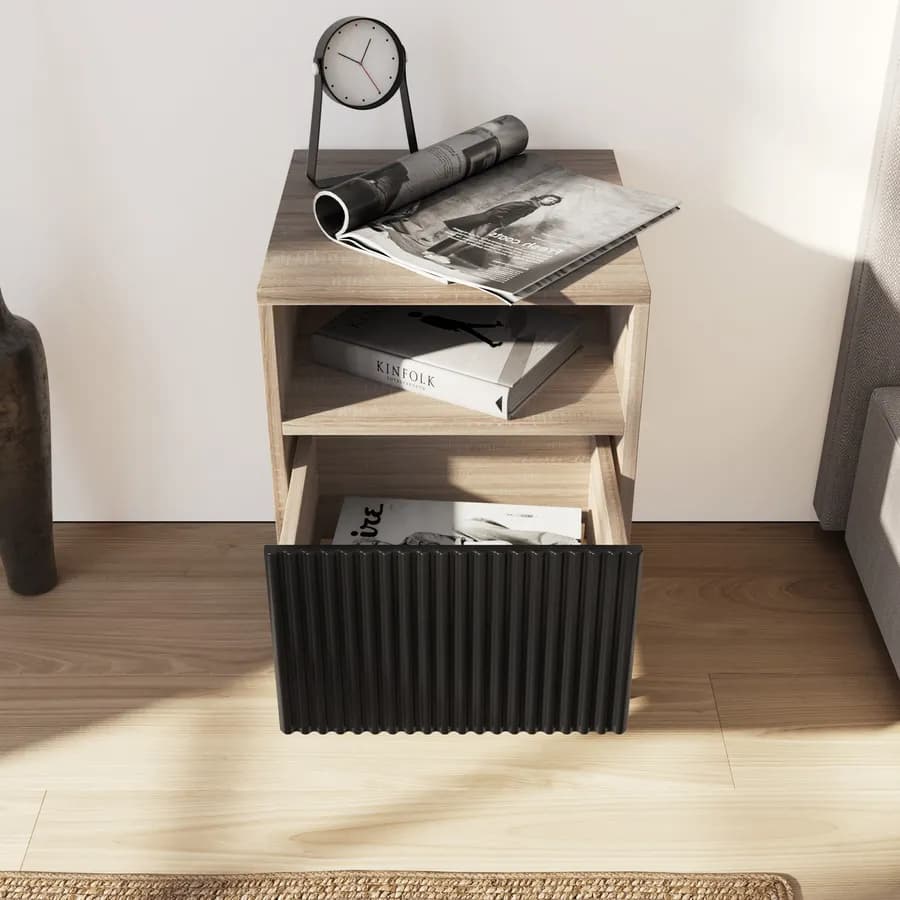 Comodino 40 cm in legno cannettato rovere e nero - Sven