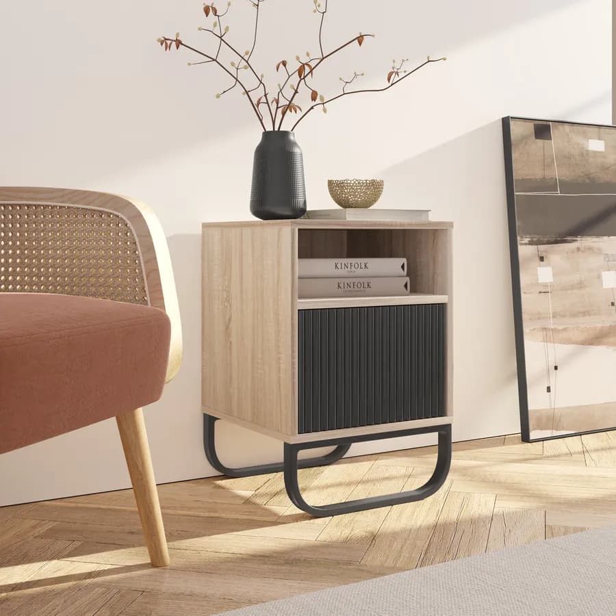 Comodino 40 cm in legno cannettato rovere e nero - Sven