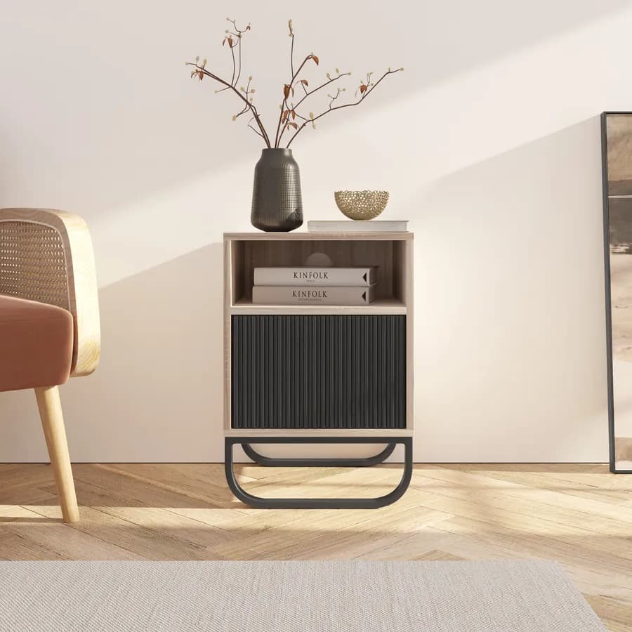 Comodino 40 cm in legno cannettato rovere e nero - Sven
