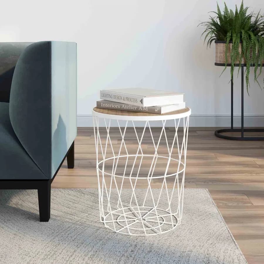 Tavolino 38 cm in acciaio verniciato bianco con piano removibile legno chiaro - Gaudì