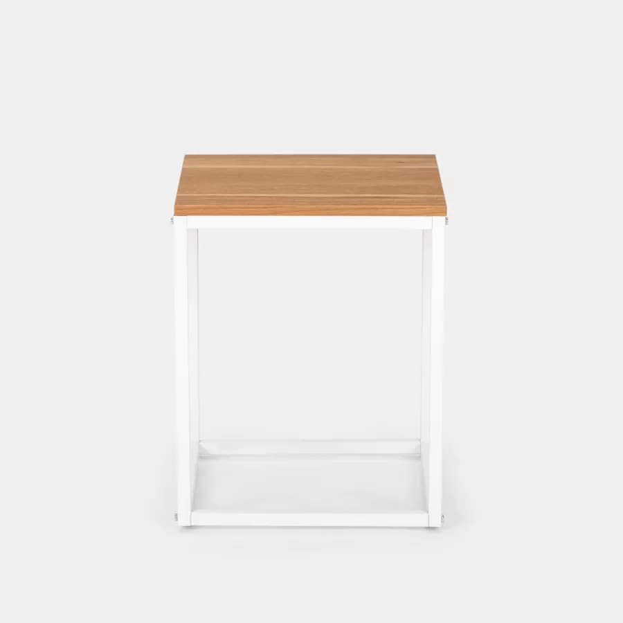 Tavolino 40x40 cm con piano effetto rovere e struttura in metallo bianco - Caio