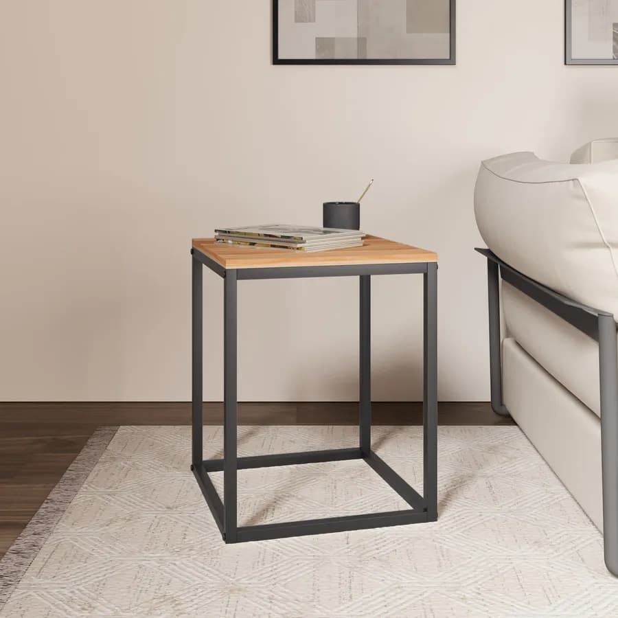 Tavolino 40x40 cm con piano effetto rovere e struttura in metallo nero - Caio
