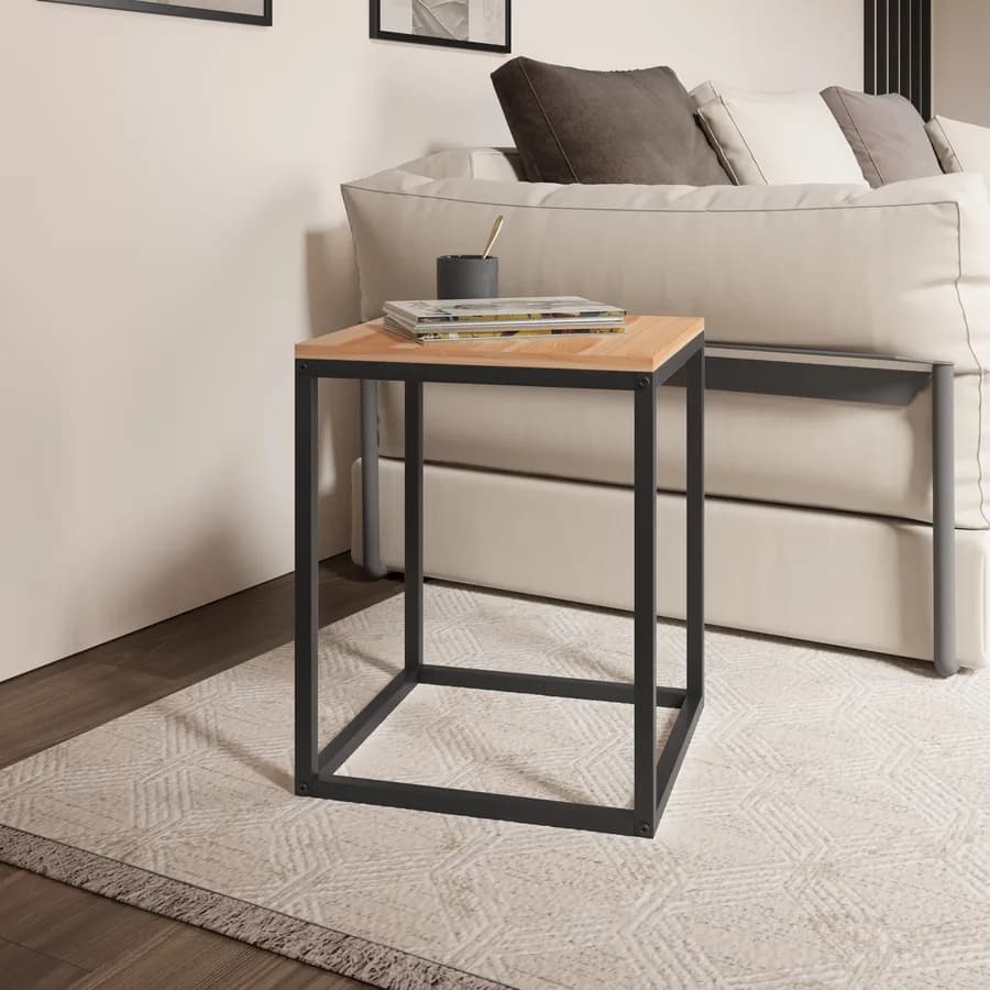 Tavolino 40x40 cm con piano effetto rovere e struttura in metallo nero - Caio