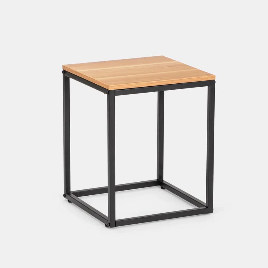 Tavolino 40x40 cm con piano effetto rovere e struttura in metallo nero - Caio