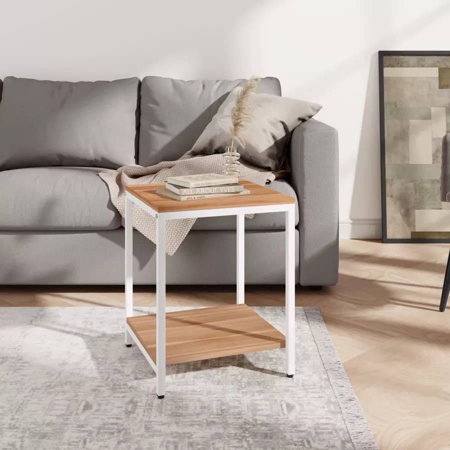 Tavolino 40x40 cm con ripiani effetto rovere e struttura in metallo bianco - Caio