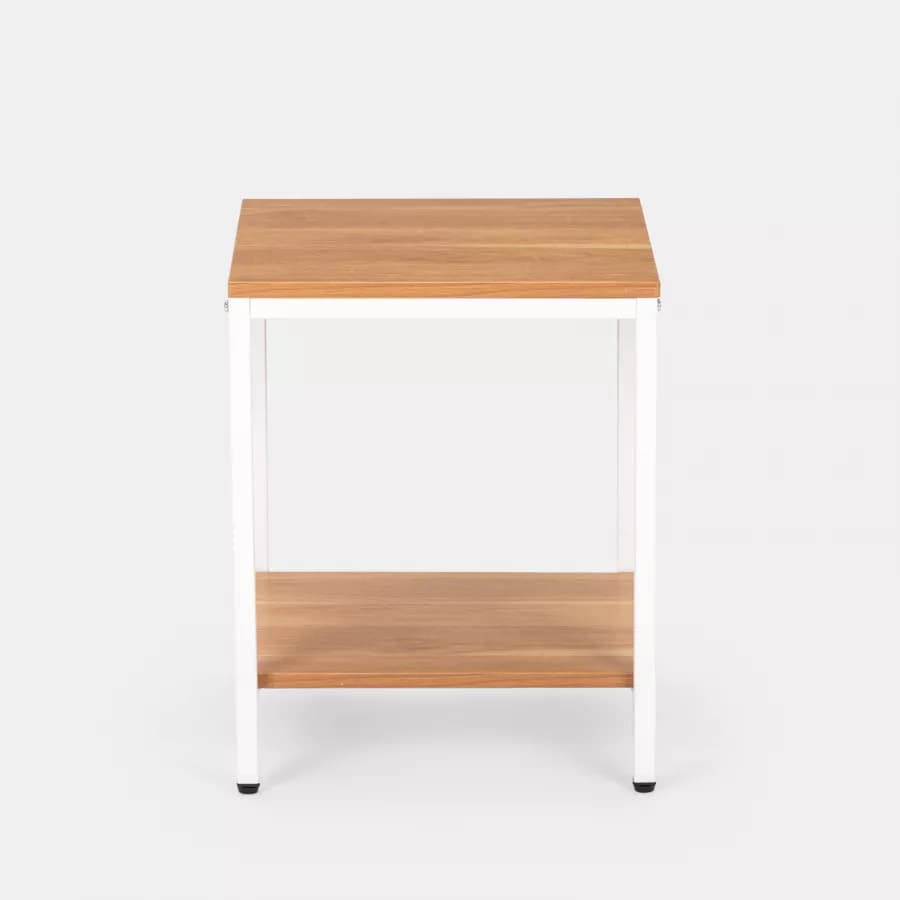 Tavolino 40x40 cm con ripiani effetto rovere e struttura in metallo bianco - Caio