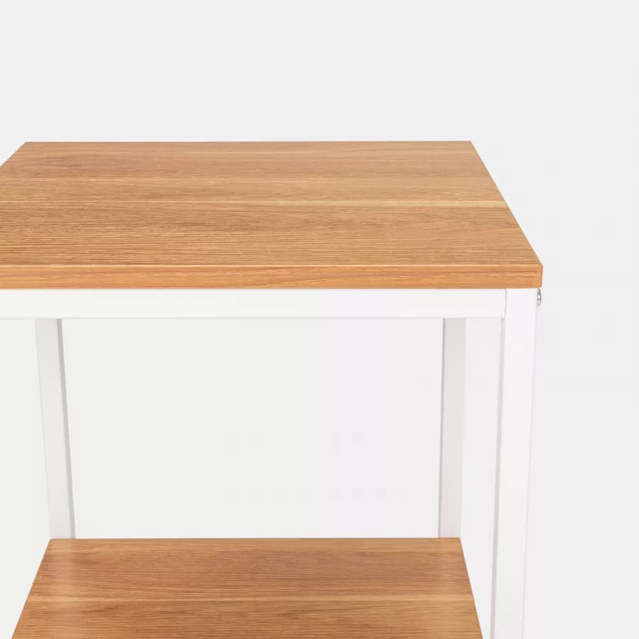 Tavolino 40x40 cm con ripiani effetto rovere e struttura in metallo bianco - Caio