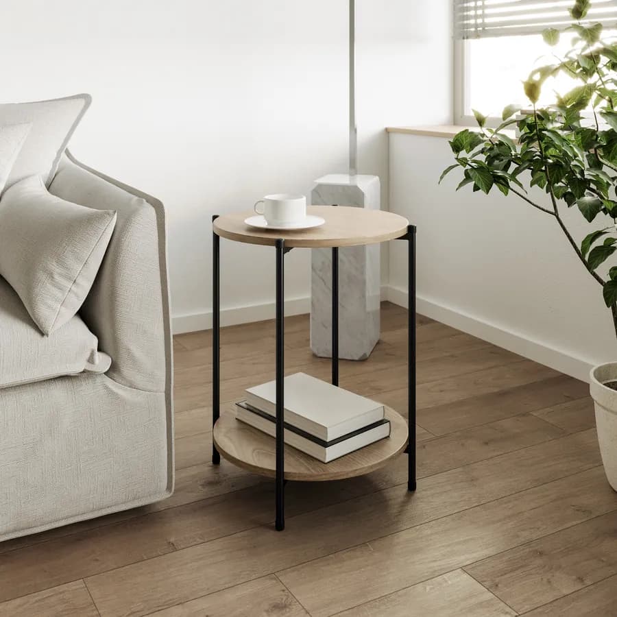 Tavolino 43 cm con top effetto rovere moderno e gambe in acciaio nero - Broderick