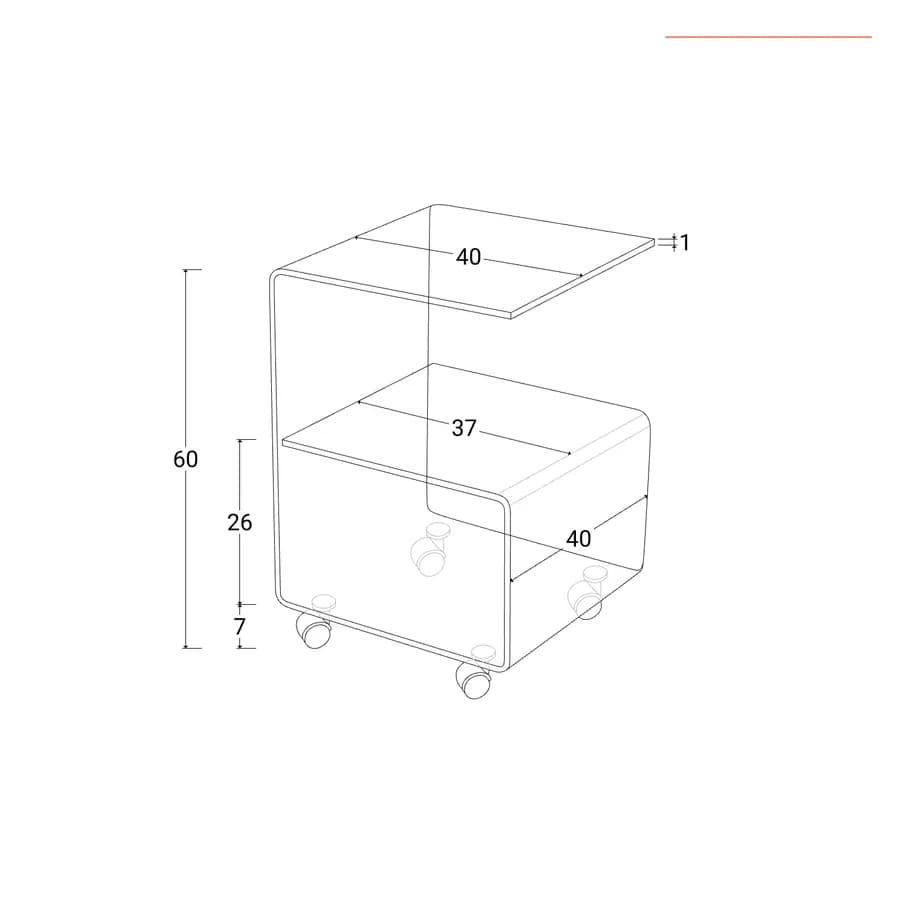 Tavolino 40x40 cm in vetro temperato sagomato con ripiano e ruote - City