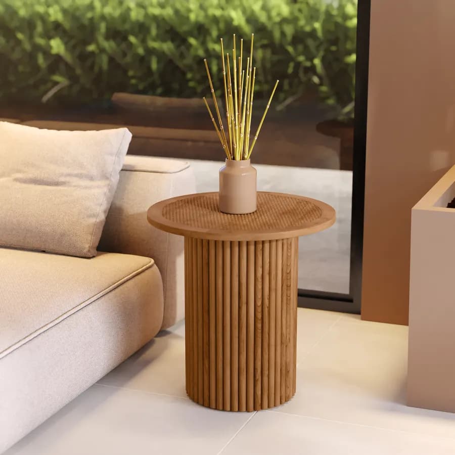 Tavolino rotondo 50 cm con top in rattan e base in legno naturale cannettato - Khalid