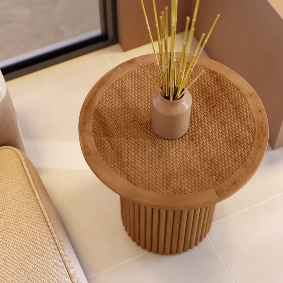Tavolino rotondo 50 cm con top in rattan e base in legno naturale cannettato - Khalid