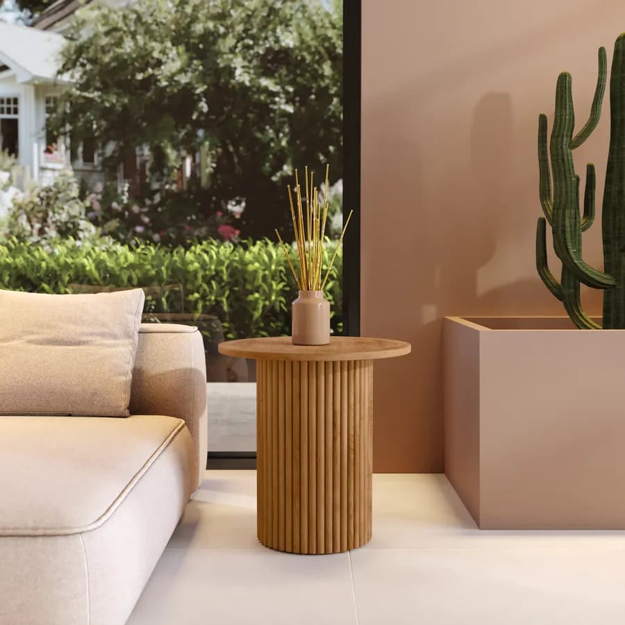 Tavolino rotondo 50 cm con top in rattan e base in legno naturale cannettato - Khalid