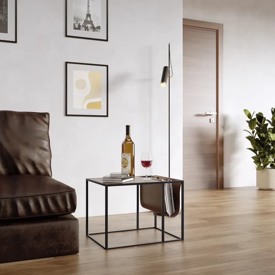 Tavolino 55x41 cm in legno noce e struttura in metallo nero con portariviste in similpelle cacao - Cellar