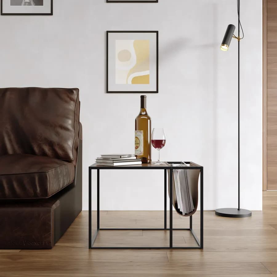 Tavolino 55x41 cm in legno noce e struttura in metallo nero con portariviste in similpelle cacao - Cellar