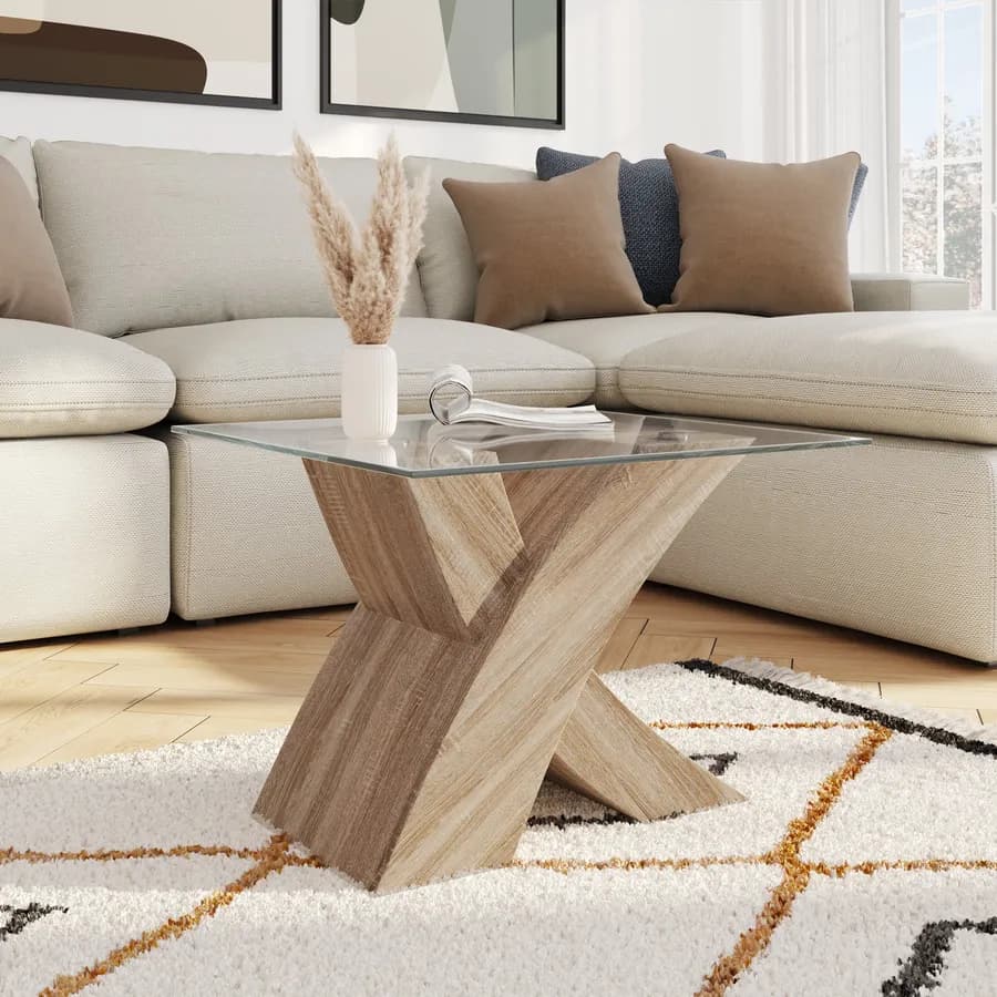 Tavolino 60 cm con piano in vetro e gambe rovere - Aiden