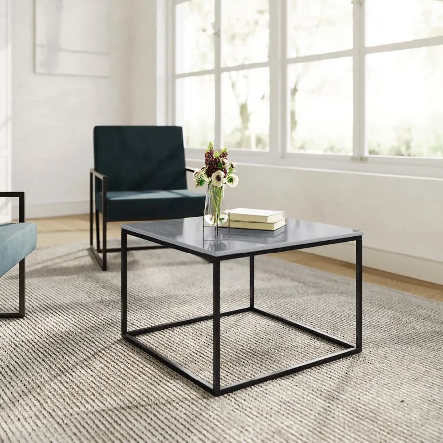 Tavolino 60x41h cm con top in ceramica effetto marmo grigio e base in metallo nero - Kepner