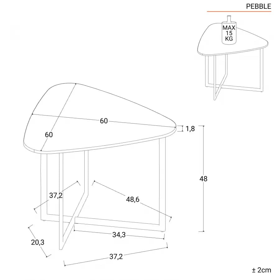 Tavolino triangolare 60x48h cm top in legno color castagno e gambe nere - Pebble