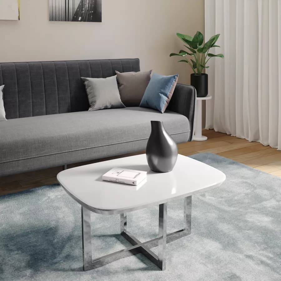 Tavolino 80x60x40 h cm piano in vetro bianco e gambe in metallo cromo - Doveli