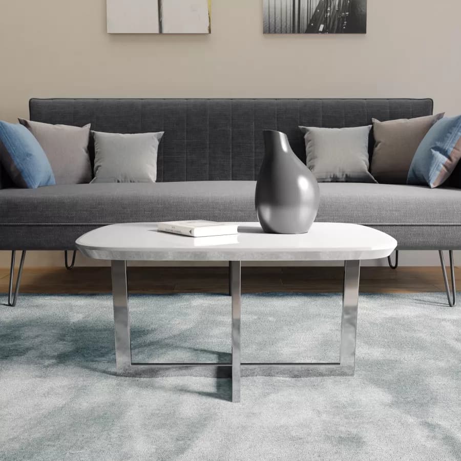 Tavolino 80x60x40 h cm piano in vetro bianco e gambe in metallo cromo - Doveli