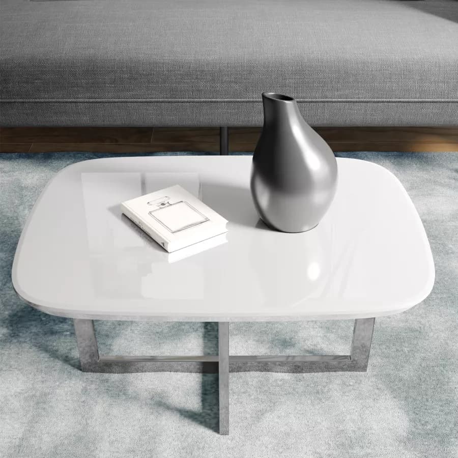 Tavolino 80x60x40 h cm piano in vetro bianco e gambe in metallo cromo - Doveli