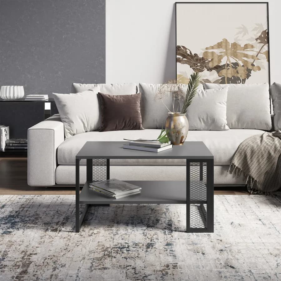 Tavolino 81x50 cm in acciaio nero e antracite con ripiano - Sheryl