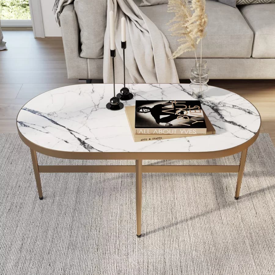 Tavolino 90 cm con piano effetto marmo bianco e base oro - Clarity