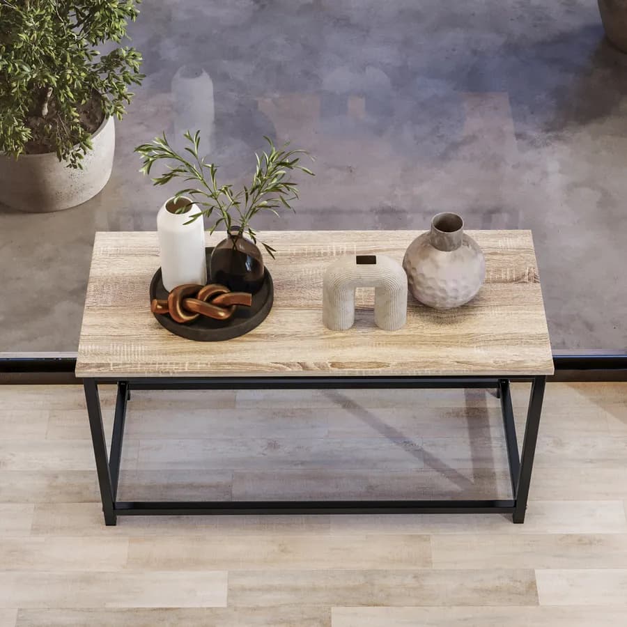 Tavolino 90x48h cm top effetto rovere e struttura in acciaio nero - Duke