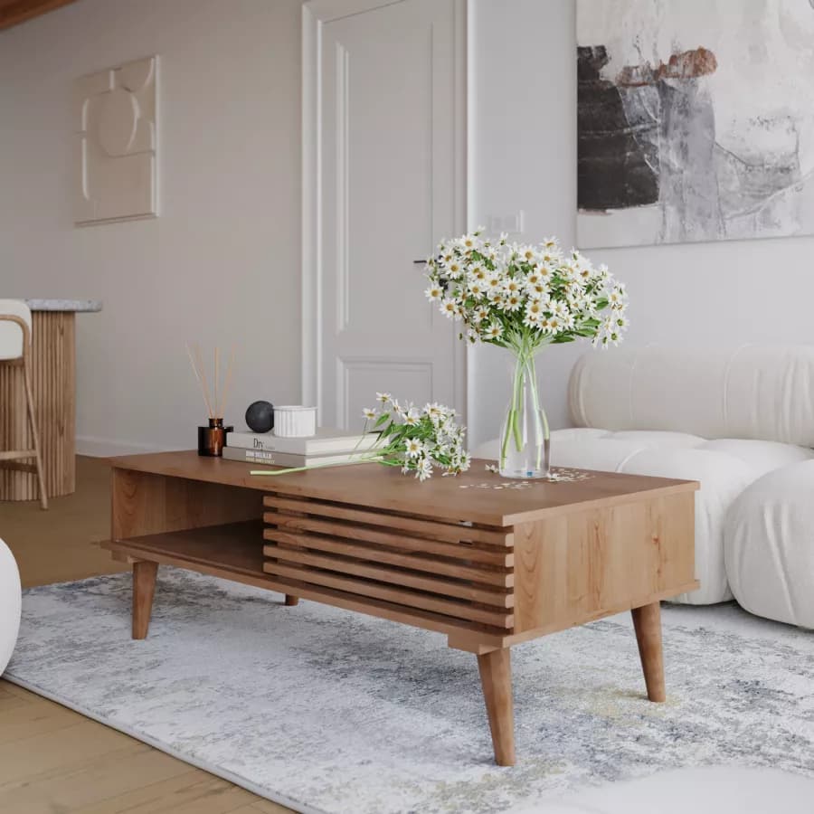 Tavolino basso 118x40h cm in legno di acacia cannettato - Karan