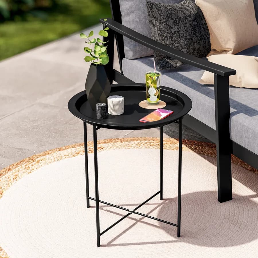 Tavolino da esterno rotondo 47 cm in metallo nero con gambe pieghevoli e piano removibile - Verella