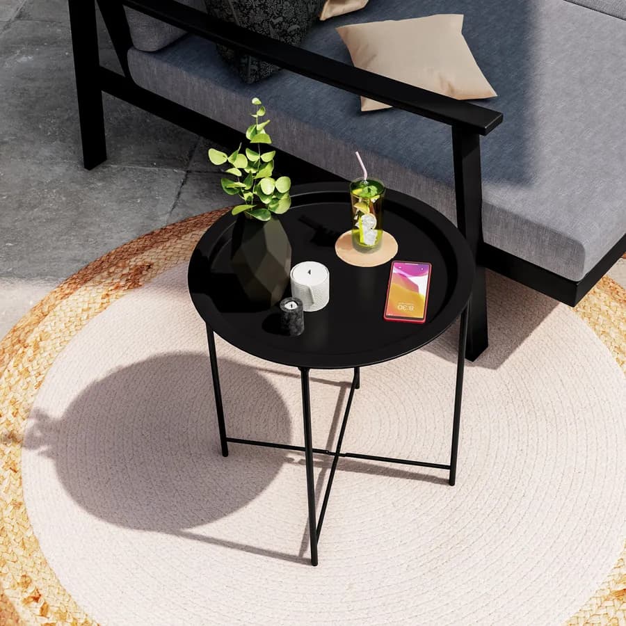 Tavolino da esterno rotondo 47 cm in metallo nero con gambe pieghevoli e piano removibile - Verella