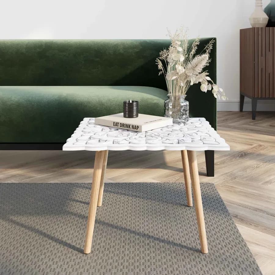 Tavolino 49x49 cm con gambe in legno di pino e top bianco - Vanny