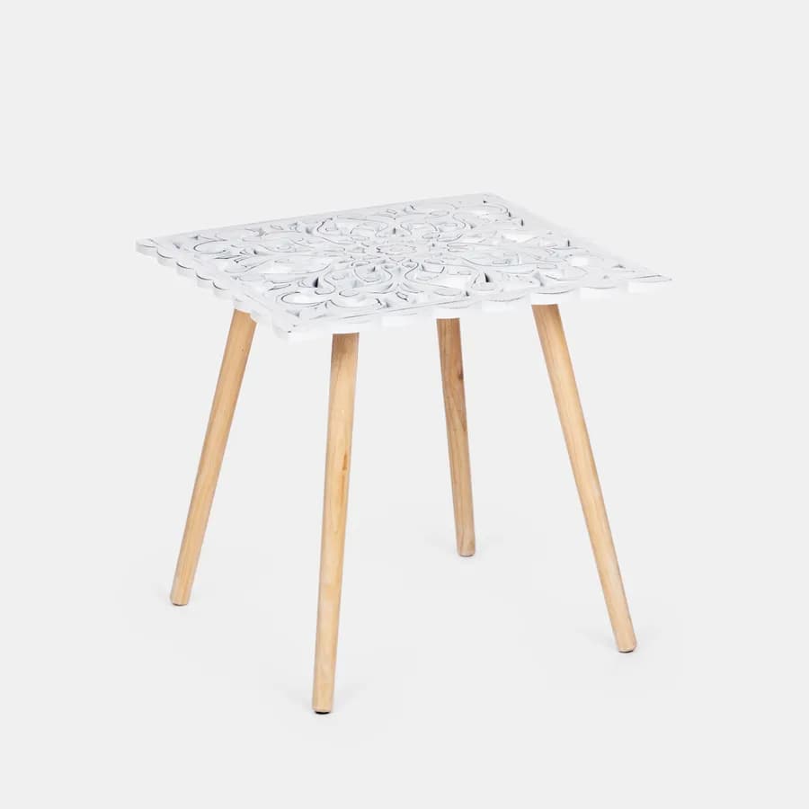 Tavolino 49x49 cm con gambe in legno di pino e top bianco - Vanny