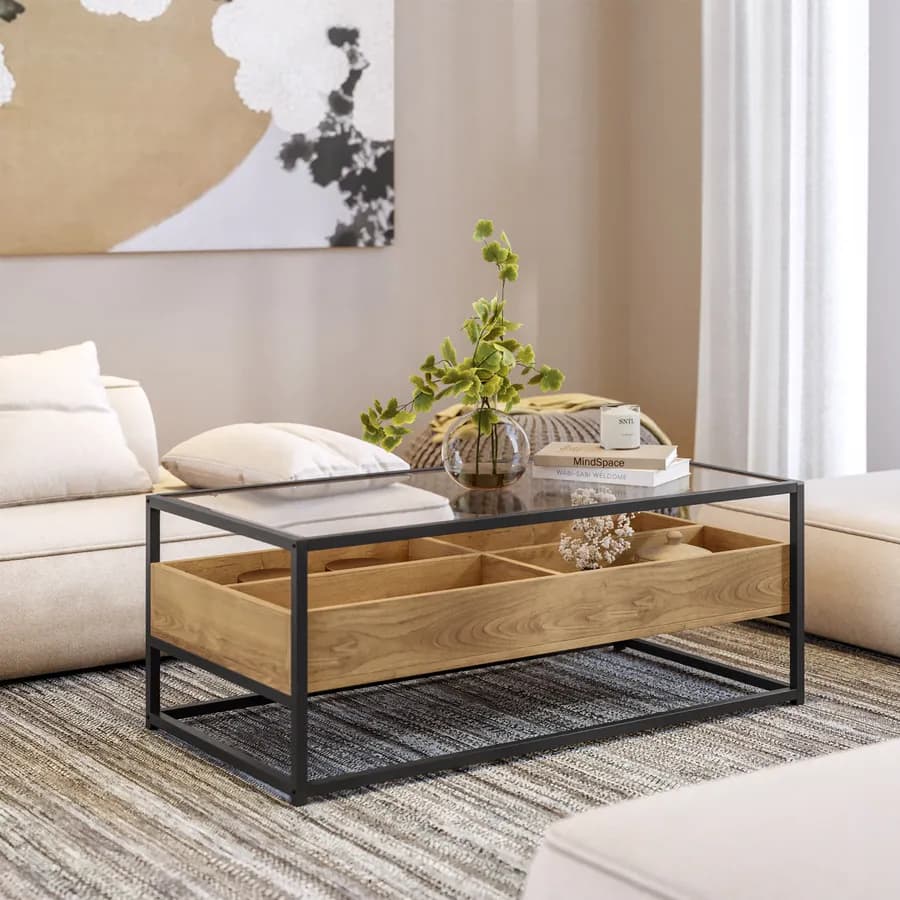 Tavolino contenitore 110x55 cm top in vetro con struttura in legno e metallo - Split