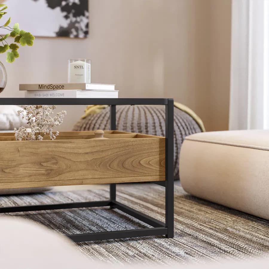 Tavolino contenitore 110x55 cm top in vetro con struttura in legno e metallo - Split