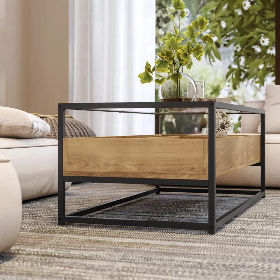Tavolino contenitore 110x55 cm top in vetro con struttura in legno e metallo - Split