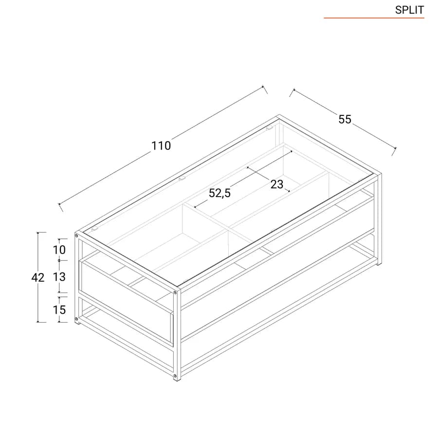 Tavolino contenitore 110x55 cm top in vetro con struttura in legno e metallo - Split