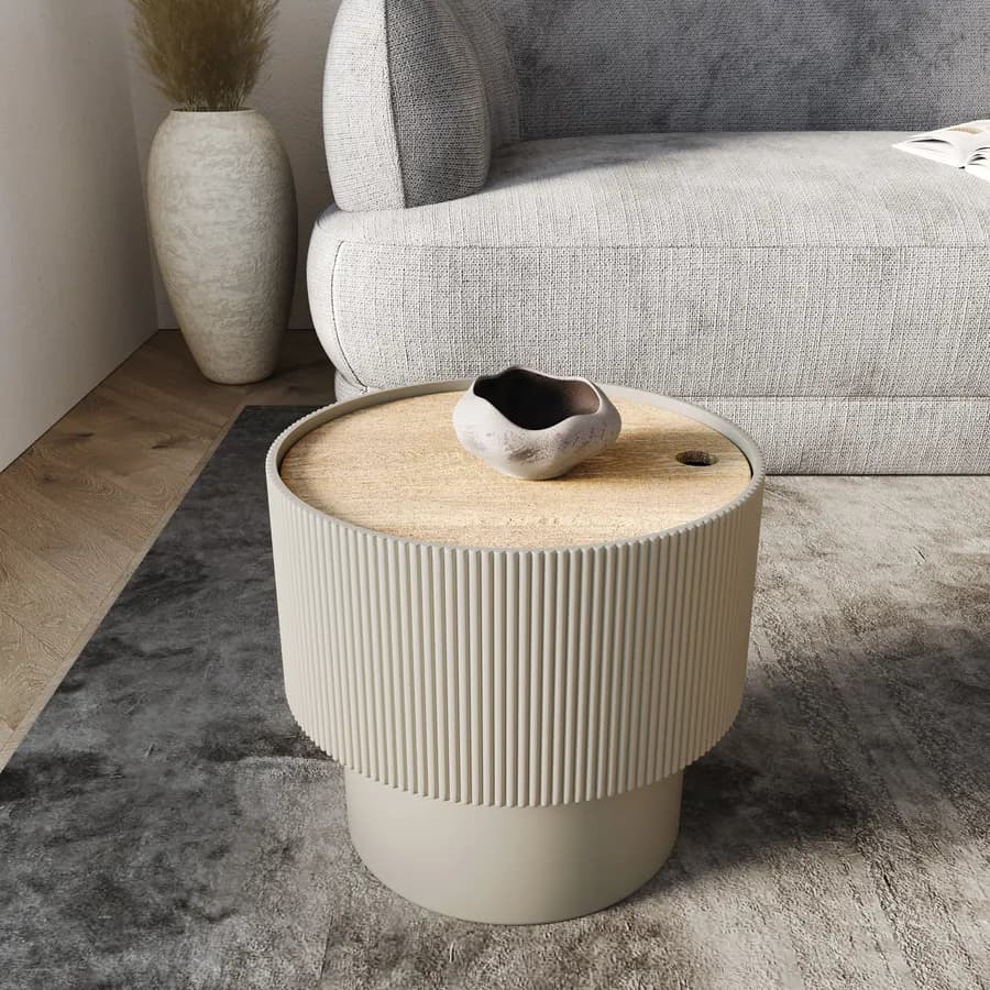Tavolino contenitore 38 cm in legno cannettato beige con top effetto frassino - Birmingham