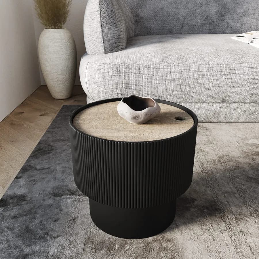 Tavolino contenitore 38 cm in legno cannettato nero con top effetto frassino - Birmingham