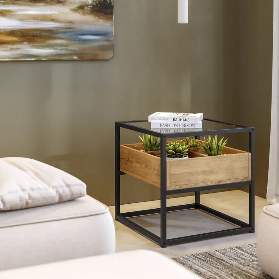 Tavolino contenitore 50x50 cm top in vetro con struttura in legno e metallo - Split