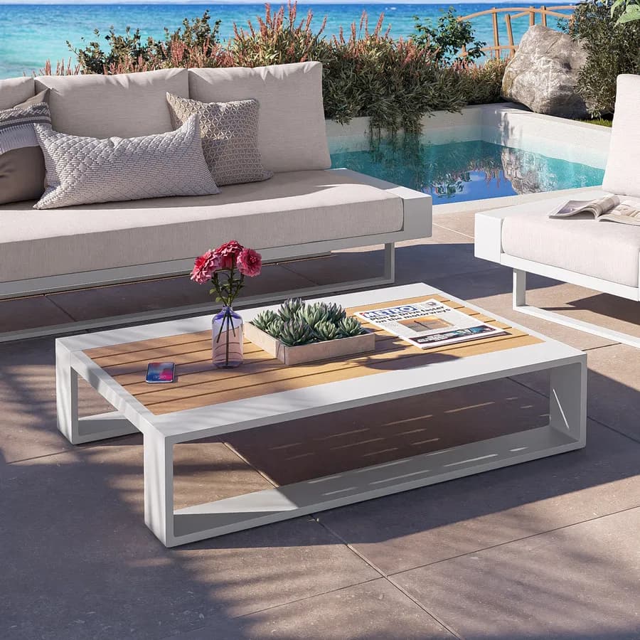 Tavolino da giardino 120x80 cm in alluminio bianco con top effetto legno - Parfa