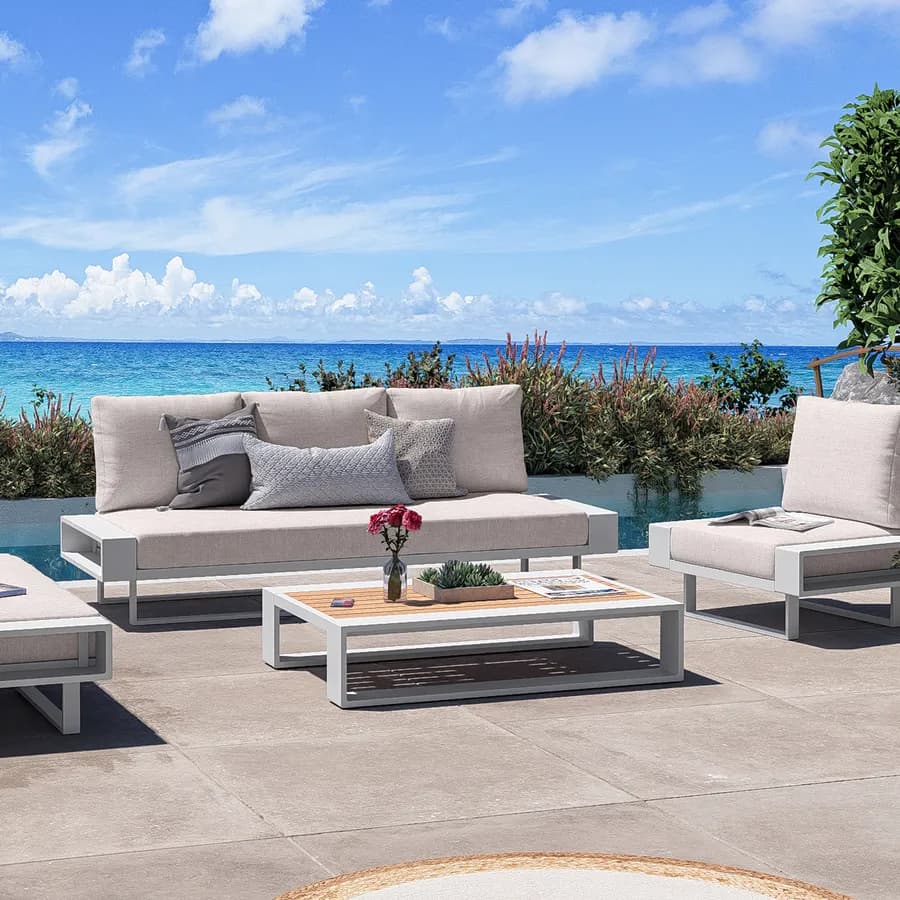 Tavolino da giardino 120x80 cm in alluminio bianco con top effetto legno - Parfa