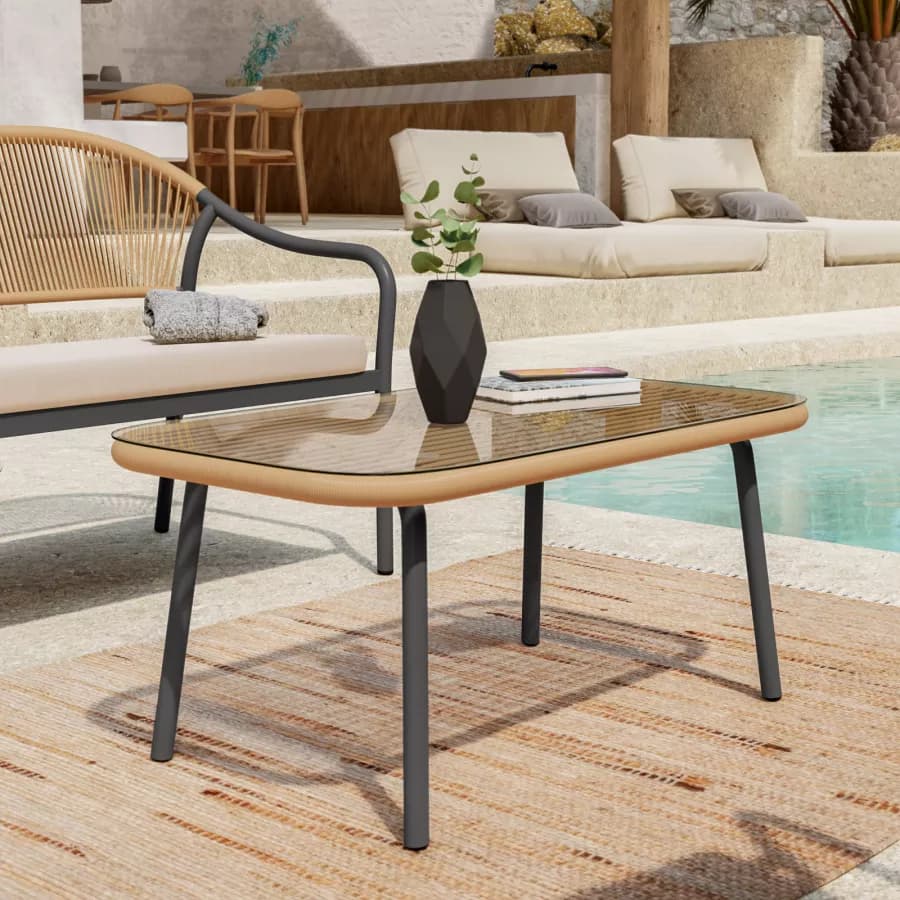 Tavolino da giardino 88x48 cm in acciaio antracite con top in vetro - Evans