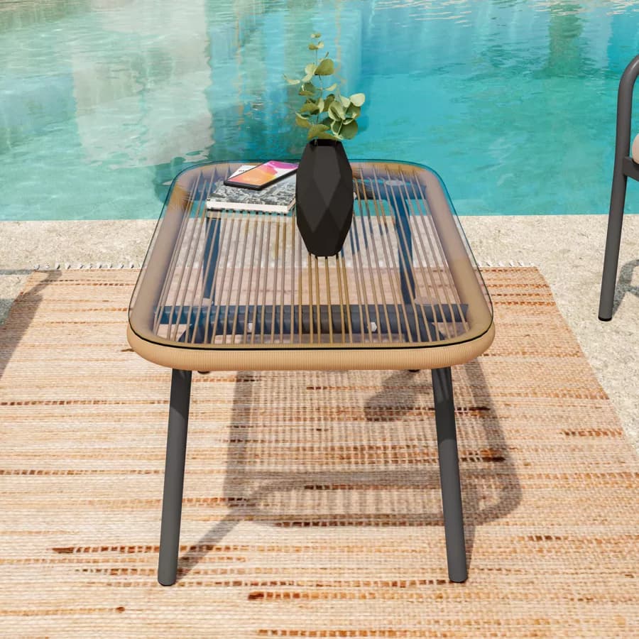 Tavolino da giardino 88x48 cm in acciaio antracite con top in vetro - Evans
