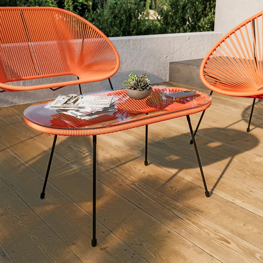 Tavolino da giardino 90x50 cm in metallo nero e corda arancione con top in vetro - Kalimba